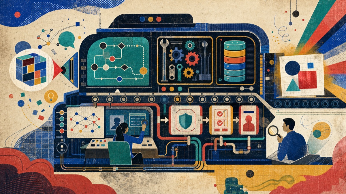 Editorial cutaway illustration of an AI agent moving through planning, tools, memory and approval gates