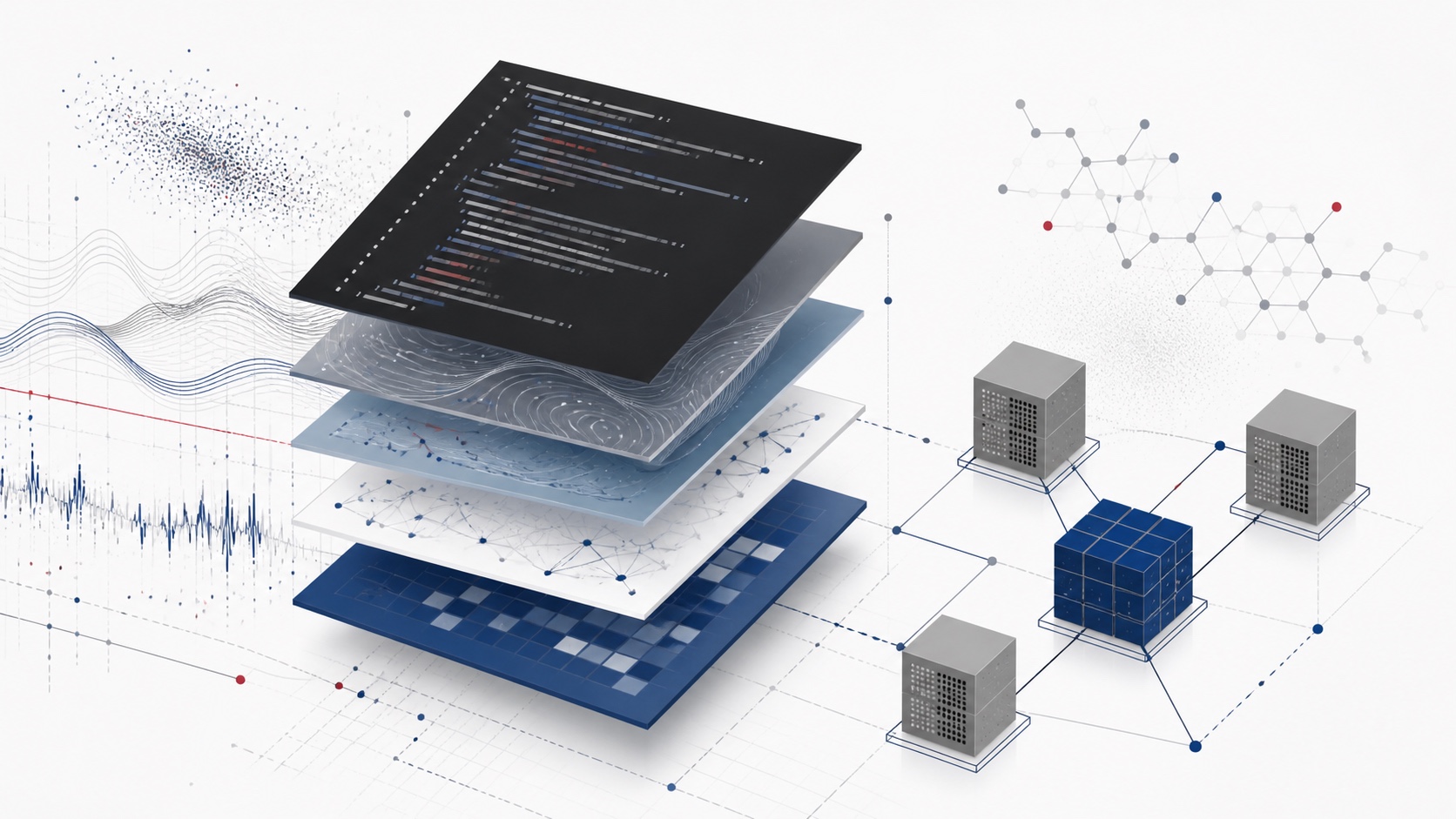 Layered editorial illustration connecting code, data signals and distributed computing nodes