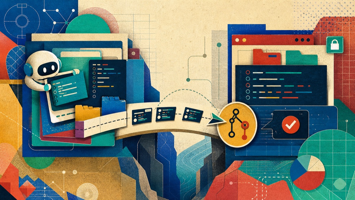 Editorial illustration of an isolated coding workspace moving toward a pull-request checkpoint