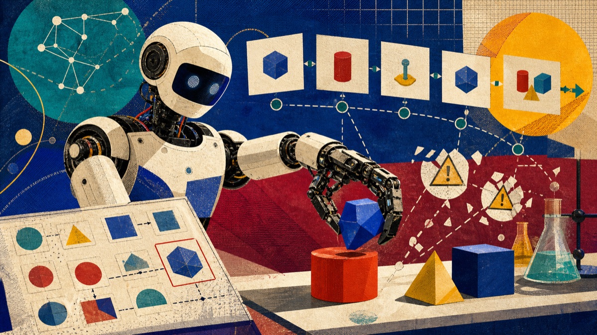 Editorial illustration of a robot following a strong plan while physical evidence remains uncertain
