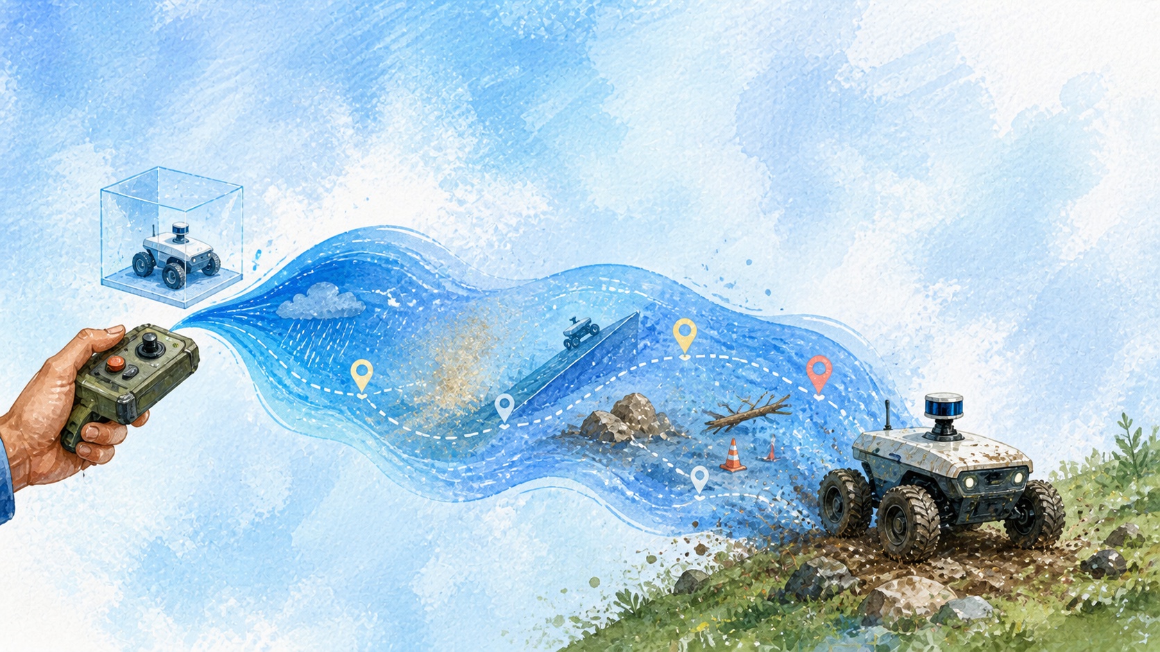 Watercolor editorial illustration tracing a robot from controlled demonstration through repeated field tests