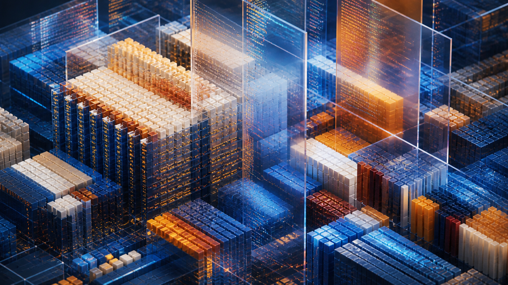 An abstract modular computing landscape built from blue, amber and white blocks behind translucent data panels