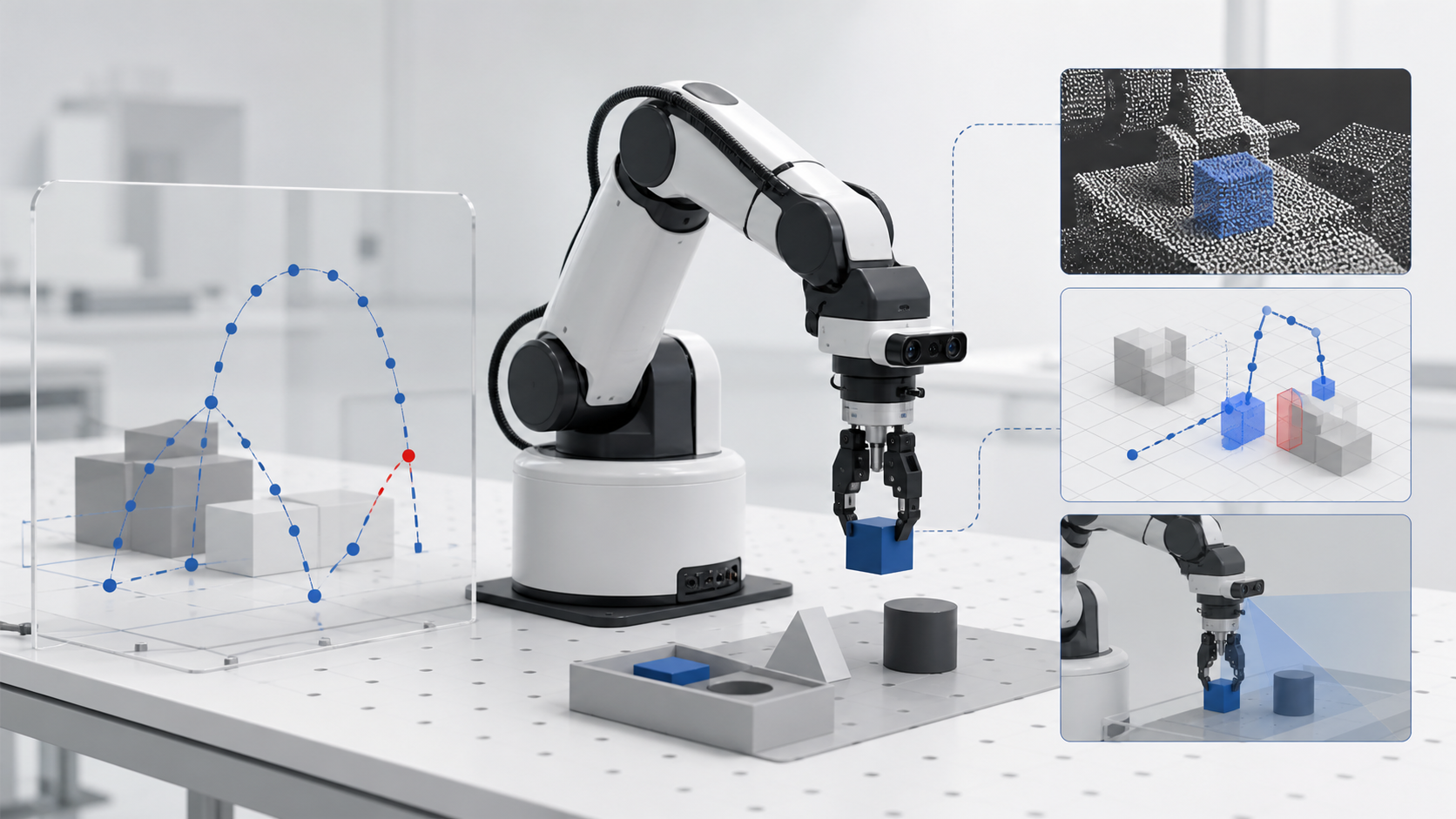 A robot arm evaluated with perception and planning traces